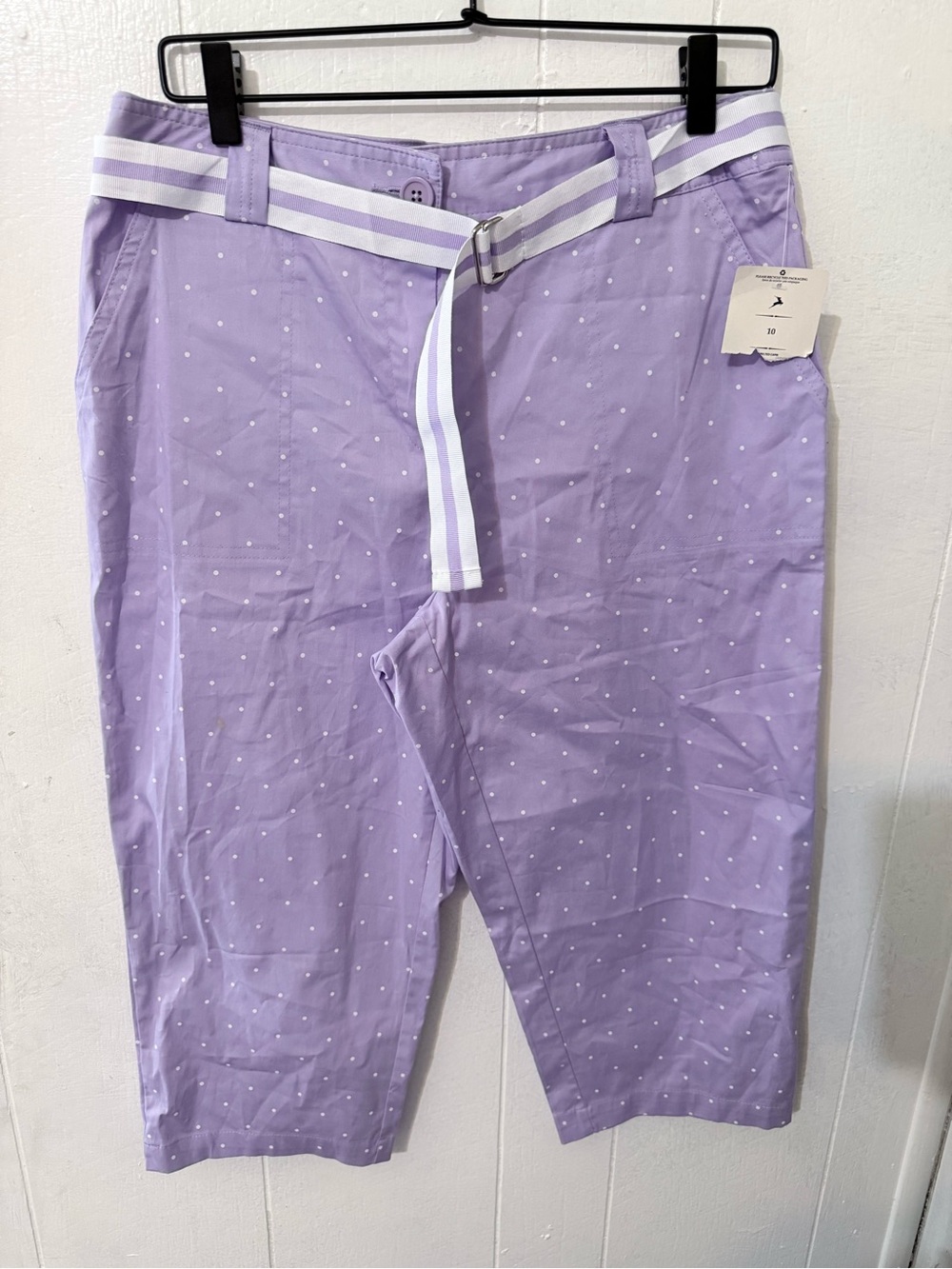 White Stag Lavender Polka Dot Cargo Capri Shorts with Striped Belt